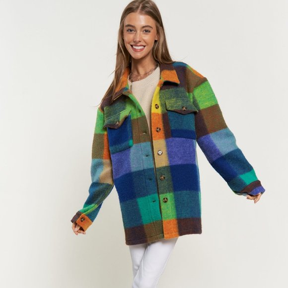 New DAVI N DANI fuzzy shacket shirt plaid multi color brushed western SM-4X - Picture 5 of 16